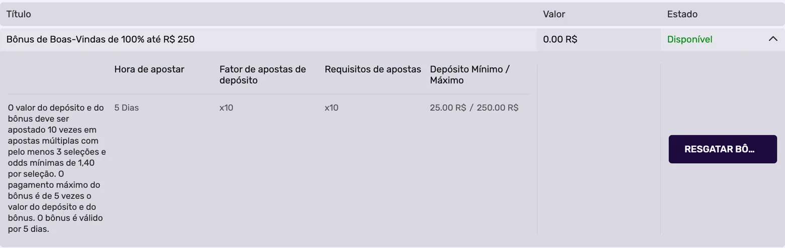 Painel Bônus Esportivo na conta da Já.bet em 30/10/2026: boas-vindas de 100% até R$ 250, depósito de R$ 25 a R$ 250 e 10x em múltiplas com 3 seleções ou mais e odd mínima de 1,40, válido por 5 dias
